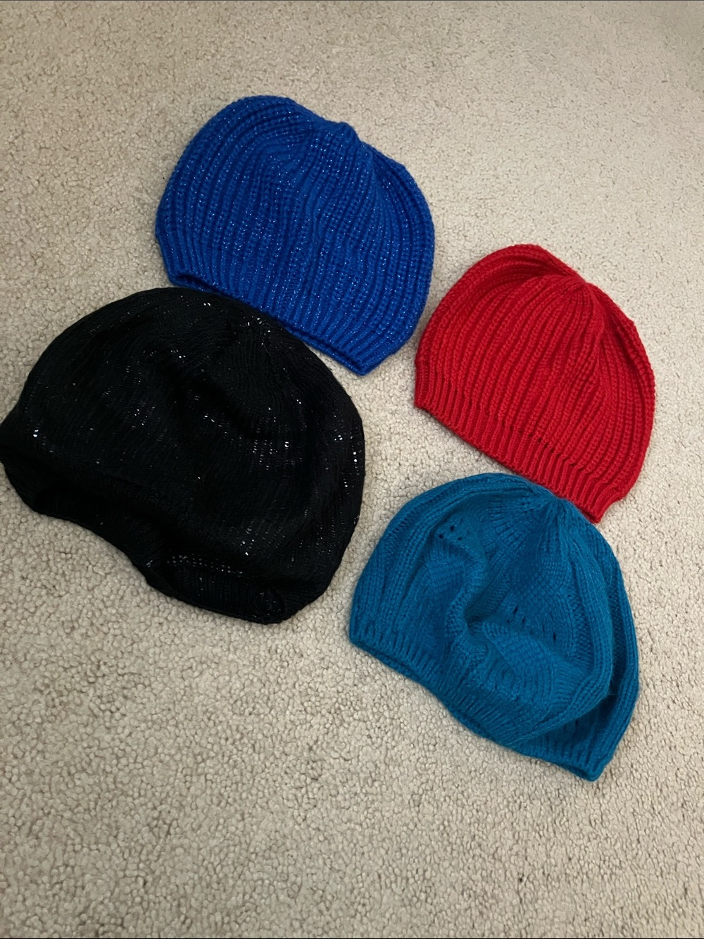 Bundle of 4 knit hats, blue/red beanies, black sparkle/turquoise cable berets